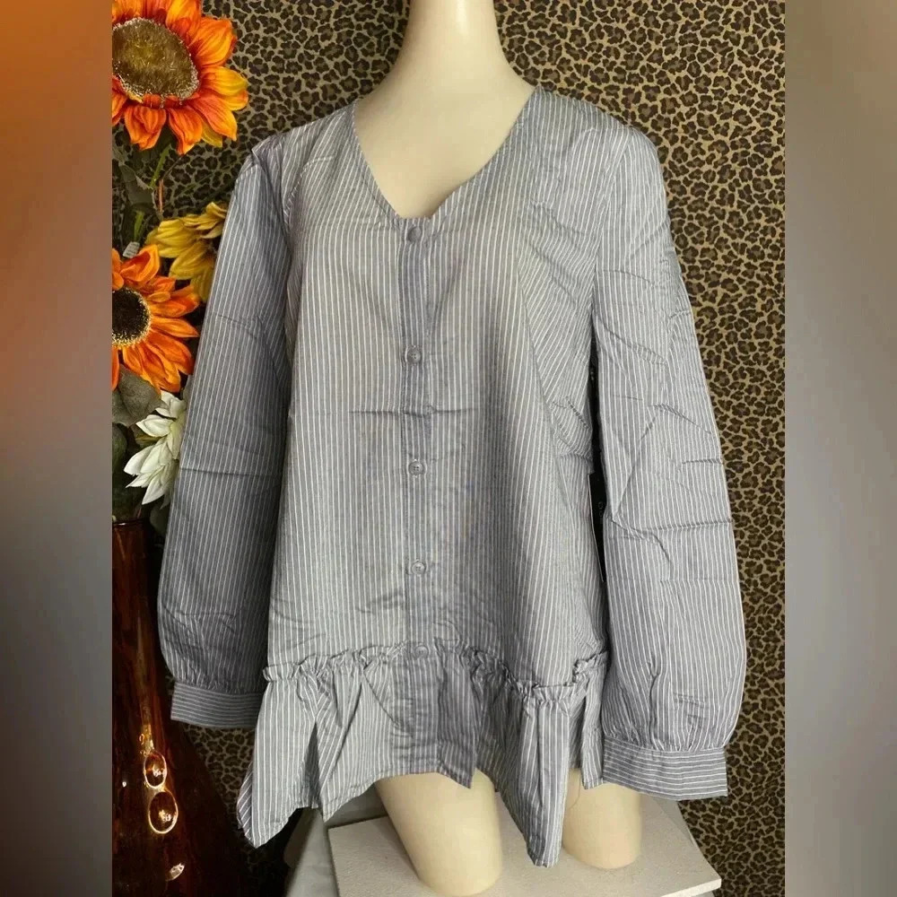 🌴3/$30🌴DOE & RAE Black Striped Button Down BabyDoll Blouse NWT - Picture 7 of 10